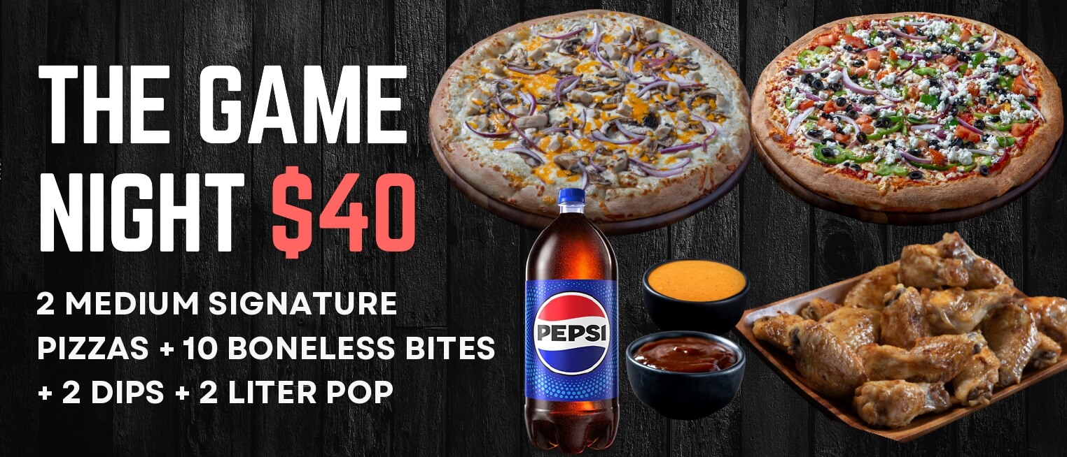 2 medium signature pizzas + 10 boneless bites + 2 dips + 2 litre pop $40