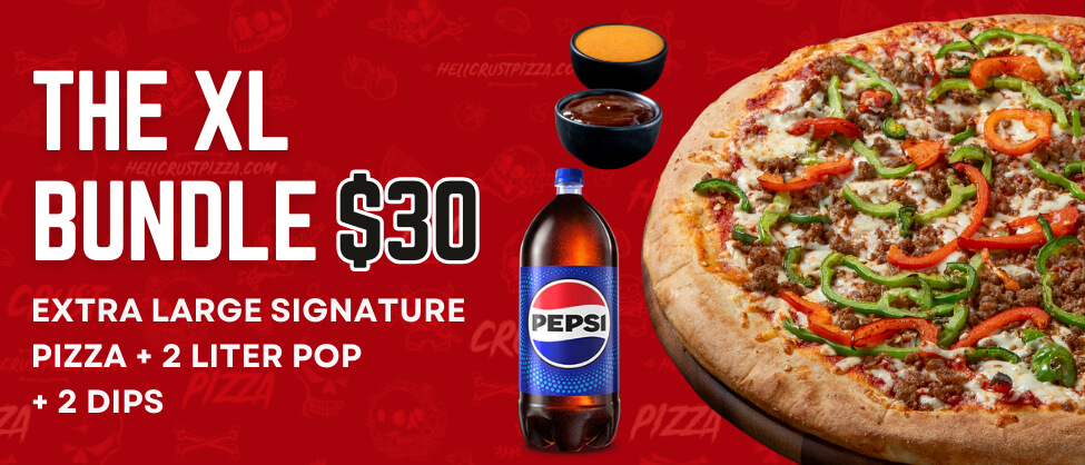 Extra Large Pizza upto 3 toppings + 2 Litre POP + 2 Dips $30