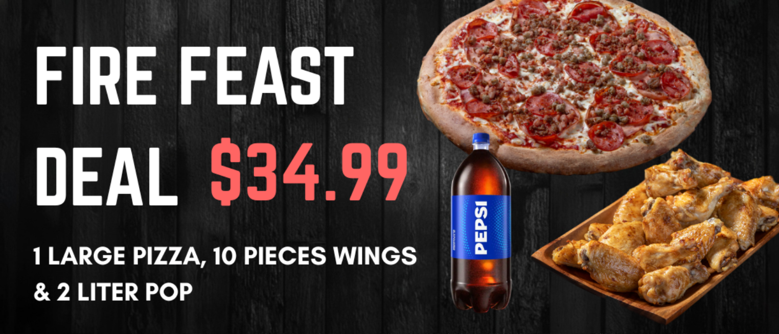 1 Large Pizza, 8 Pieces Wings, 1 Pizza Slideout, 2 Litre pop $32.99