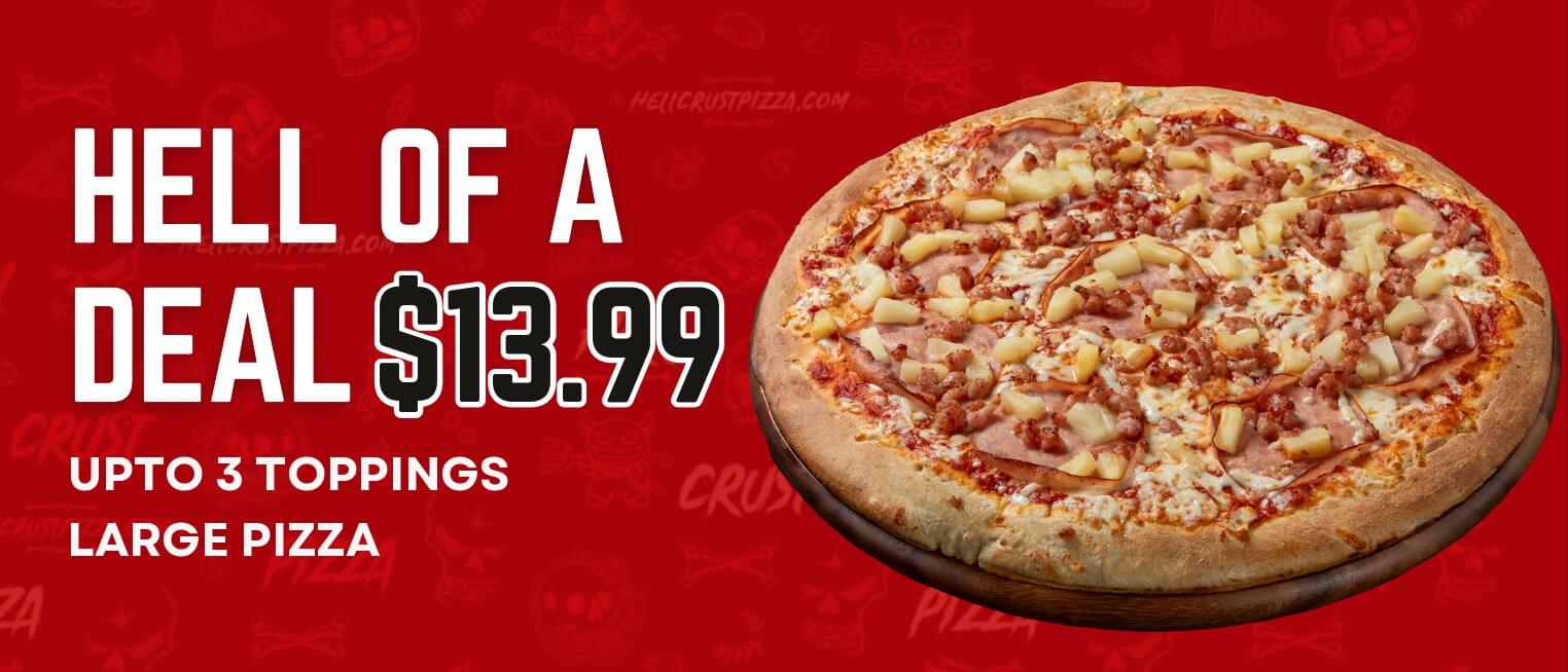 Up to 3 toppings large pizza $13.99