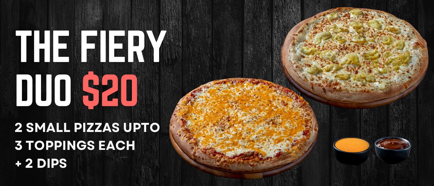 2 small pizzas upto 3 toppings each + 2 dips $20