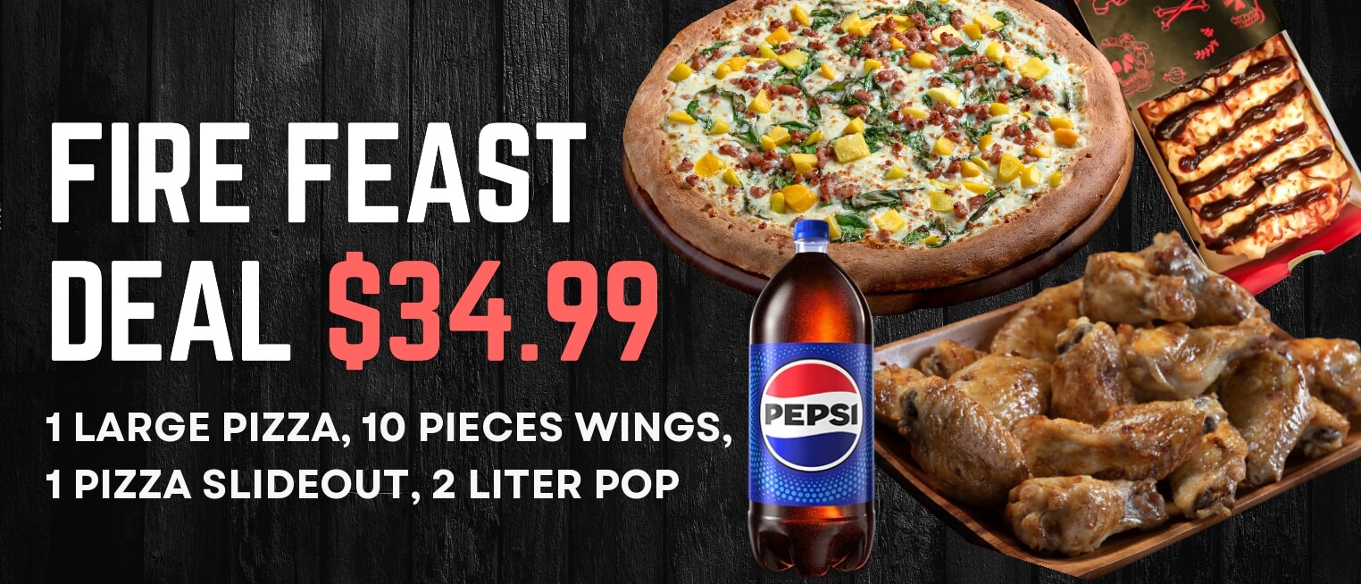 1 Large Pizza, 8 Pieces Wings, 1 Pizza Slideout, 2 Litre pop $32.99