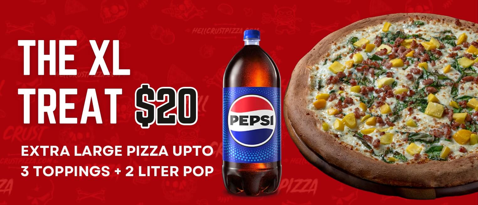 Extra Large Pizza Upto 3 toppings + 2 Litre pop $20